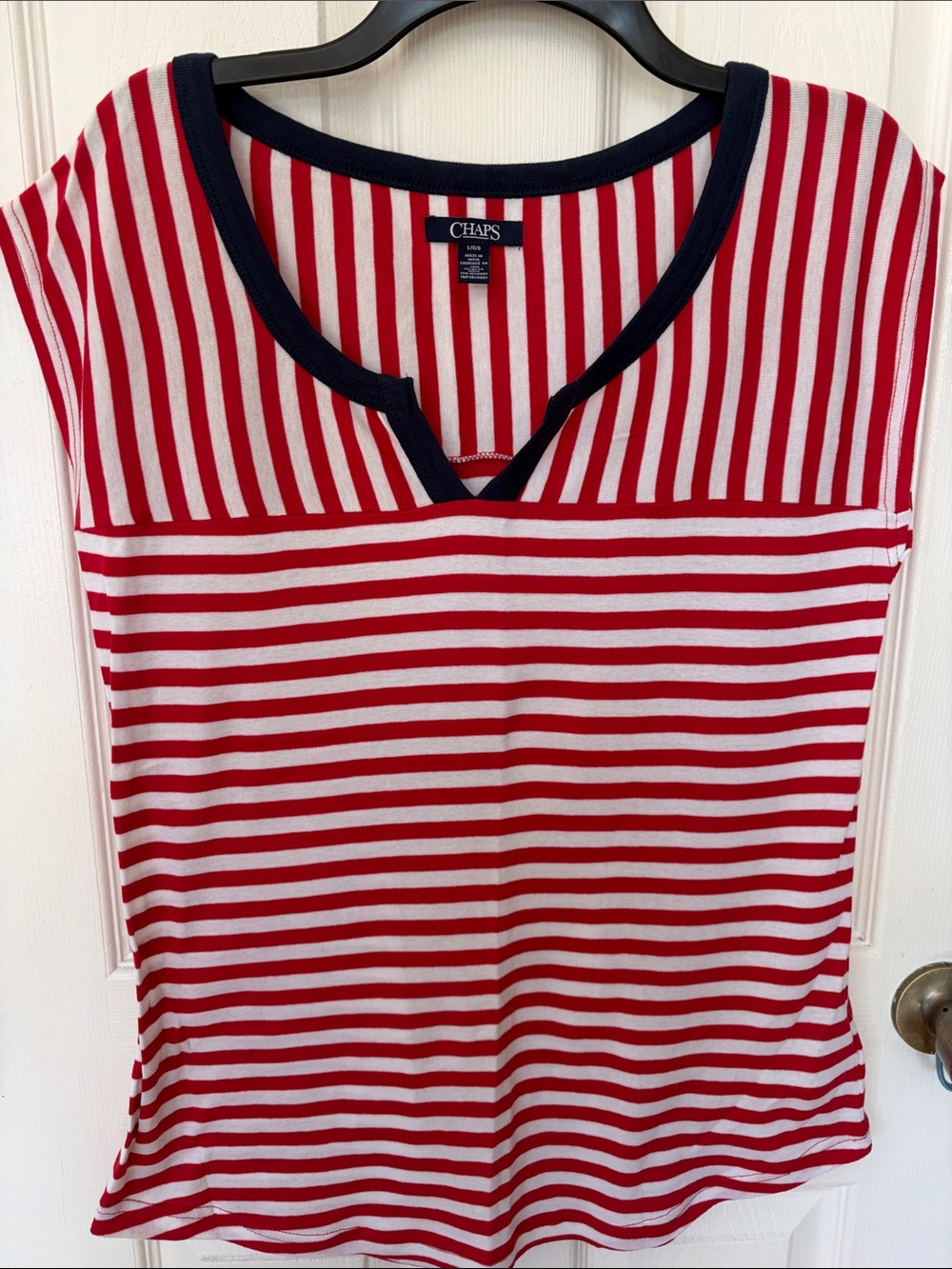 Chaps Red & White Striped Notch-Neck Top with Navy Trim